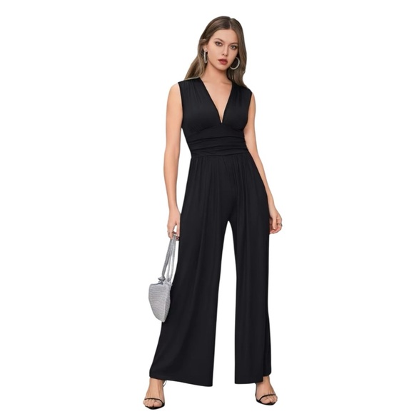 Black Ribbed V-Neck Jumpsuit Women's Plus Size 2X Pockets Wide Leg Stretch Knit - Picture 1 of 8